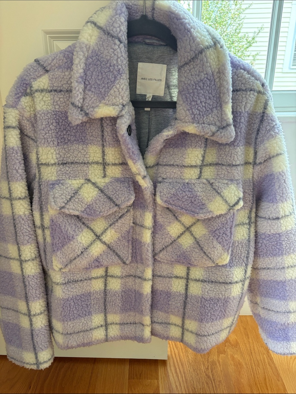 Avec Les Filles Lavender Plaid Sherpa Puffer Jacket